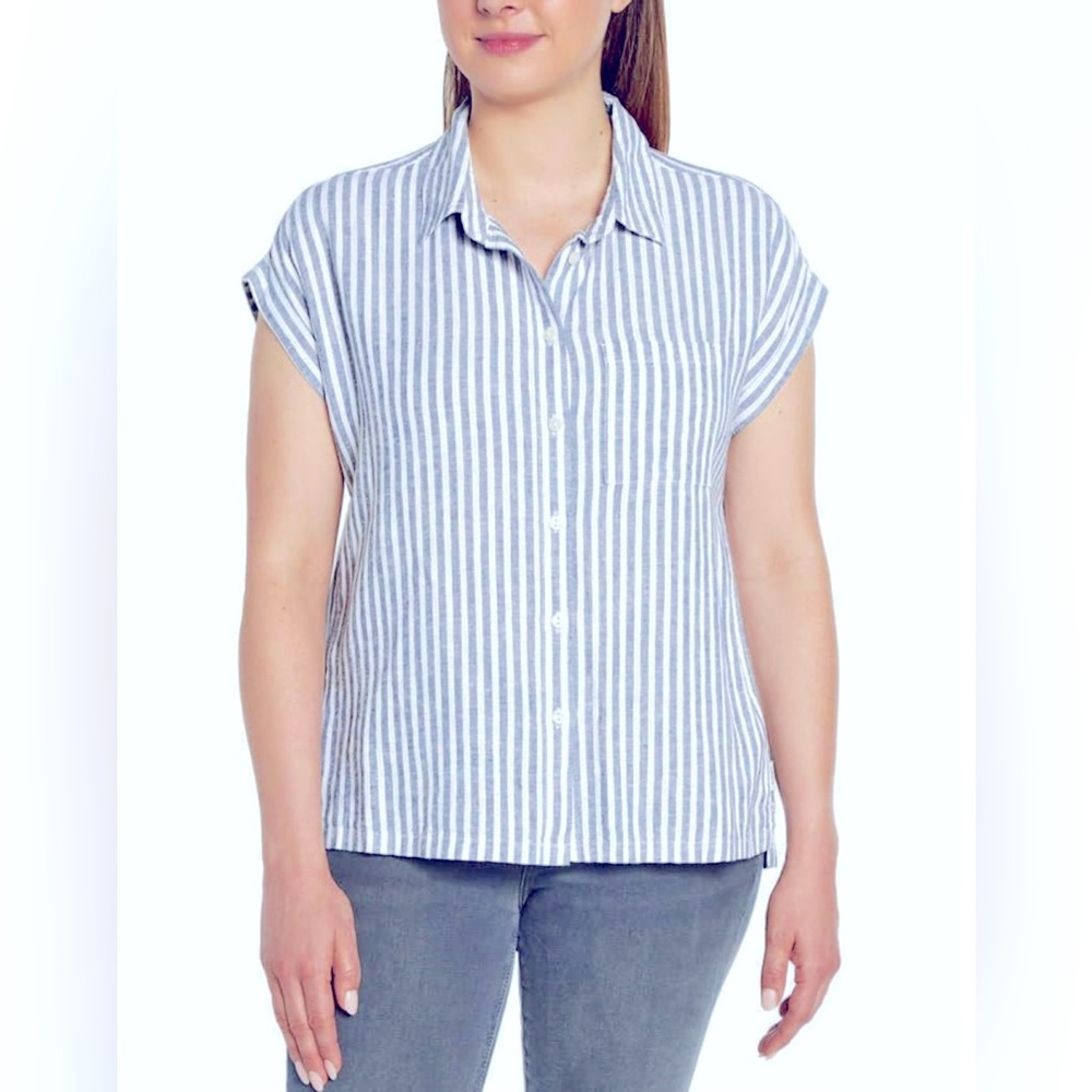 Orvis Linen Blend Striped Button Down T-Shirt, blue, Medium